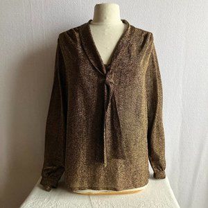 1970s Gold & Black Lame Loose Fitting Long Sleeve Pullover Top with Tie